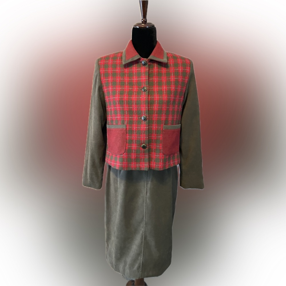 Vintage Lucia Plaid Wool and Corduroy Suit in Red & Olive size 4P